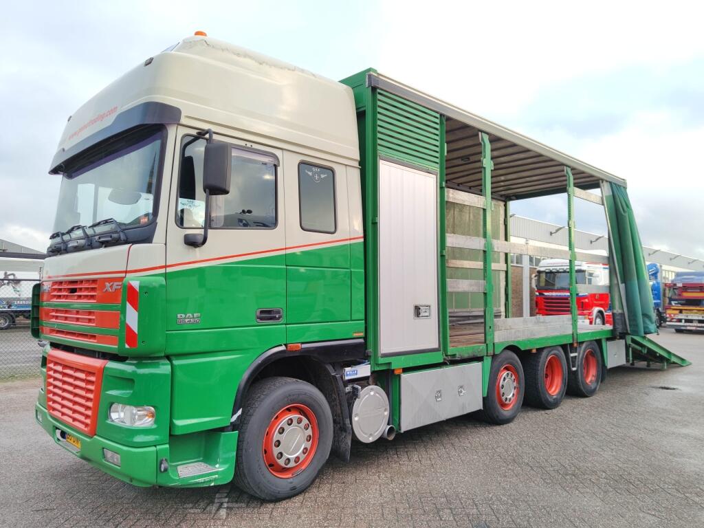 DAF FAK XF95.430 8x2 Super SuperSpaceCab Euro3 - CurtainSider 7.31m + Ramp 16T - MachineTransporter - 6 Persons  (V558) | Vrachtwagens | Autotransporter